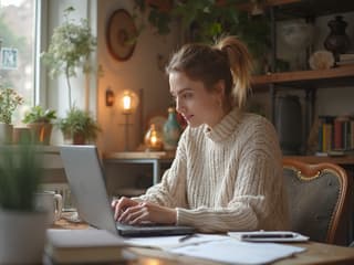 Woman brainstorming blog ideas, laptop and notebook nearby, cozy home office studio setting