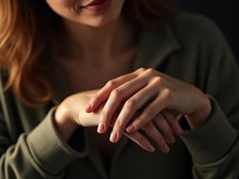Woman comforting friend, holding hands, warm studio lighting