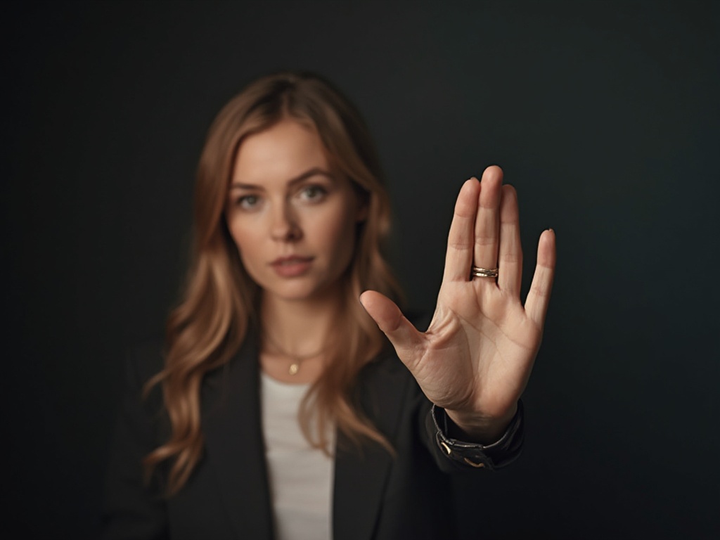 Woman confidently expressing boundaries with assertive hand gesture, professional studio lighting