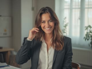 Woman confidently preparing for salary negotiation, professional attire, office studio setting