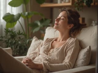 Woman enjoying relaxing activities, calm home environment, soft studio lighting