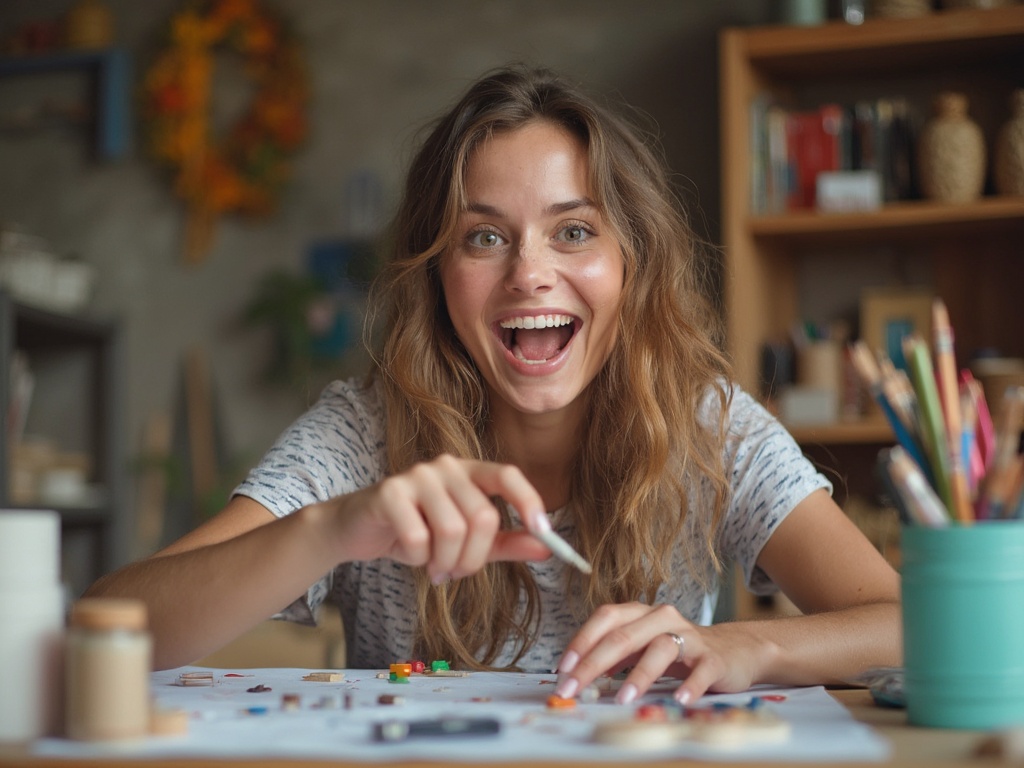 Woman exploring various hobby items, excited expression, colorful studio setting