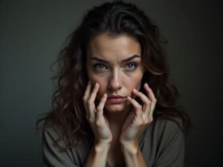 Woman fearing judgment, studio setting with self-doubt