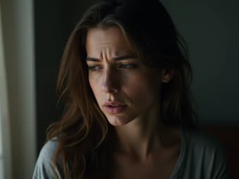 Woman feeling hopeless, looking for help, studio setting with soft lighting