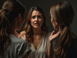 Woman frustrated with mother-in-law, studio setting with tense atmosphere