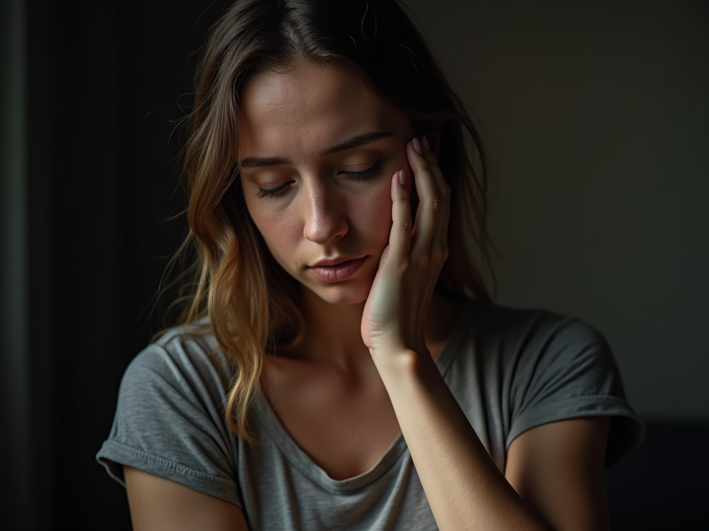 Woman helping others, neglecting self, studio composition with contrasting lighting