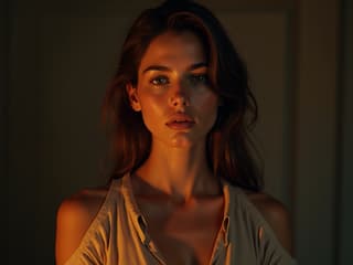 Woman hesitant to express emotions, studio setting with warm lighting