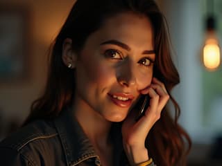 Woman holding phone, looking for support, studio setting with warm lighting