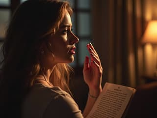 Woman listening to inspiring story, studio setting with warm lighting
