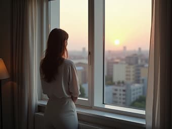 Woman looking out window of new apartment, city view, soft lighting