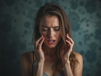 Woman losing job, studio setting with professional backdrop