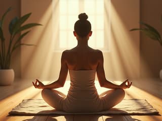 Woman meditating in a zen-like studio environment, soft, ethereal lighting