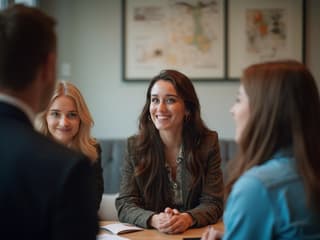 Woman networking with professionals, business conference studio setting