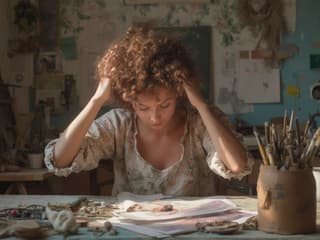 Woman overcoming creative block, surrounded by art supplies, breakthrough moment, studio lighting