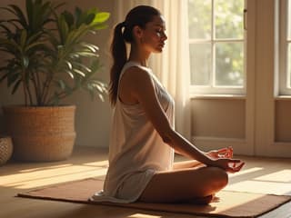Woman practicing meditation, zen-like studio environment