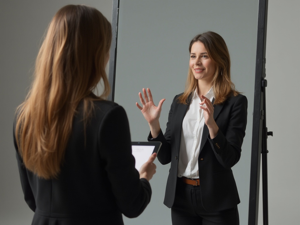 Woman practicing speech in front of a mirror, professional attire, confident pose, studio setting