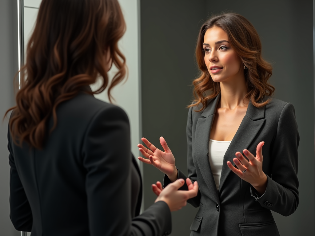 Woman practicing speech in mirror, professional attire, studio setting