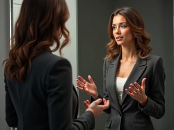 Woman practicing speech in mirror, professional attire, studio setting