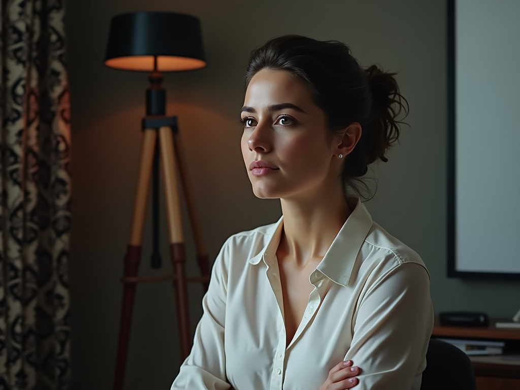 Woman reflecting on strengths and weaknesses, studio setting with self-assessment