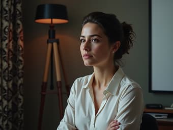 Woman reflecting on strengths and weaknesses, studio setting with self-assessment
