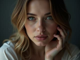 Woman self-critical, studio setting with self-reflection