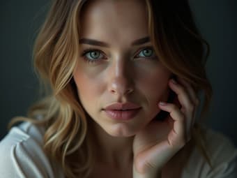 Woman self-critical, studio setting with self-reflection