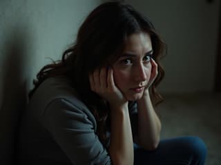 Woman sitting alone, looking sad, studio setting with soft lighting