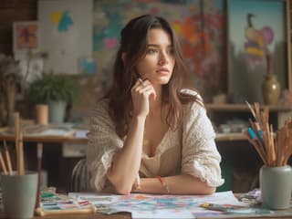Woman surrounded by art supplies, looking thoughtful, bright and colorful studio setting
