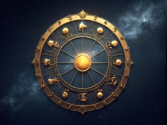 Zodiac wheel with one sign highlighted, celestial studio backdrop
