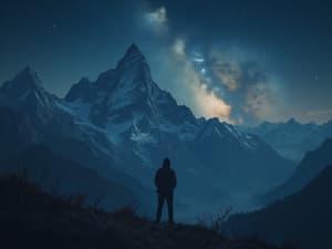 contemplative-person starry-night-sky mountain-peak existential-moment