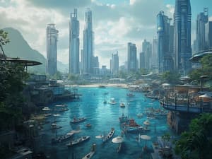 futuristic-cityscape sustainable-technology holographic-interfaces diverse-society