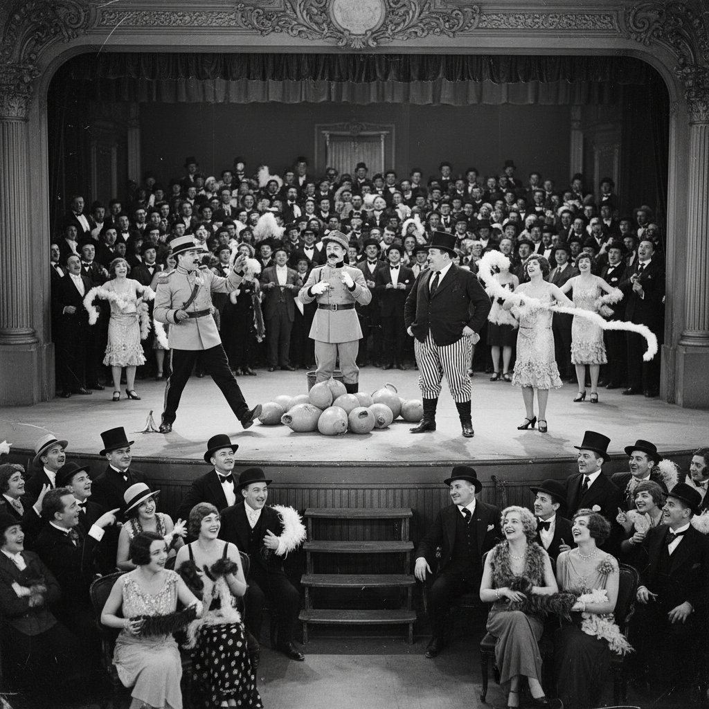1920s black-and-white movie scene with comedic actors mocking authority figures in a crowded theater; moody, archival feel