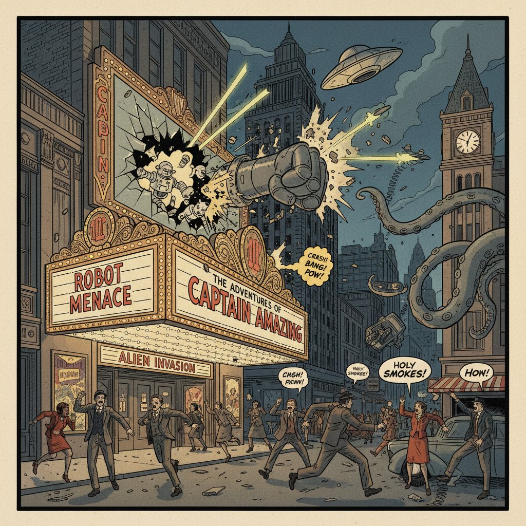 Black-and-white 1930s city street, movie marquees, subtle comic chaos, restless hopeful mood