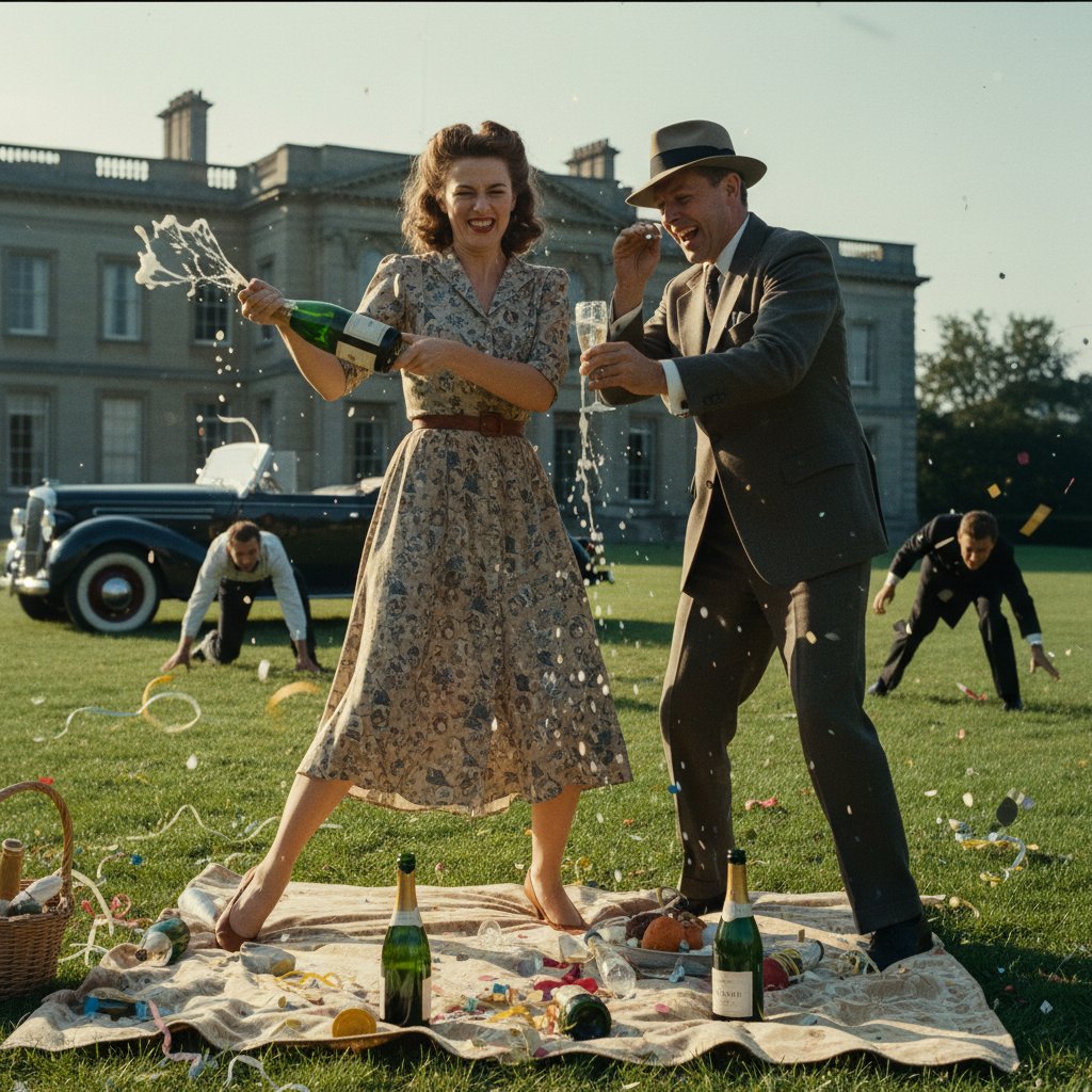 Stylized 1940s couple arguing and laughing, champagne flying, joyous chaos, romantic screwball energy