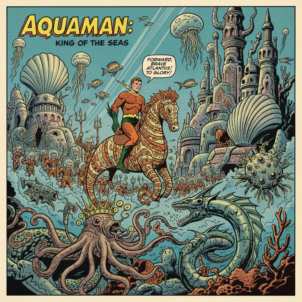 1950s Aquaman comic book hero with retro underwater city and sea creatures, high realism