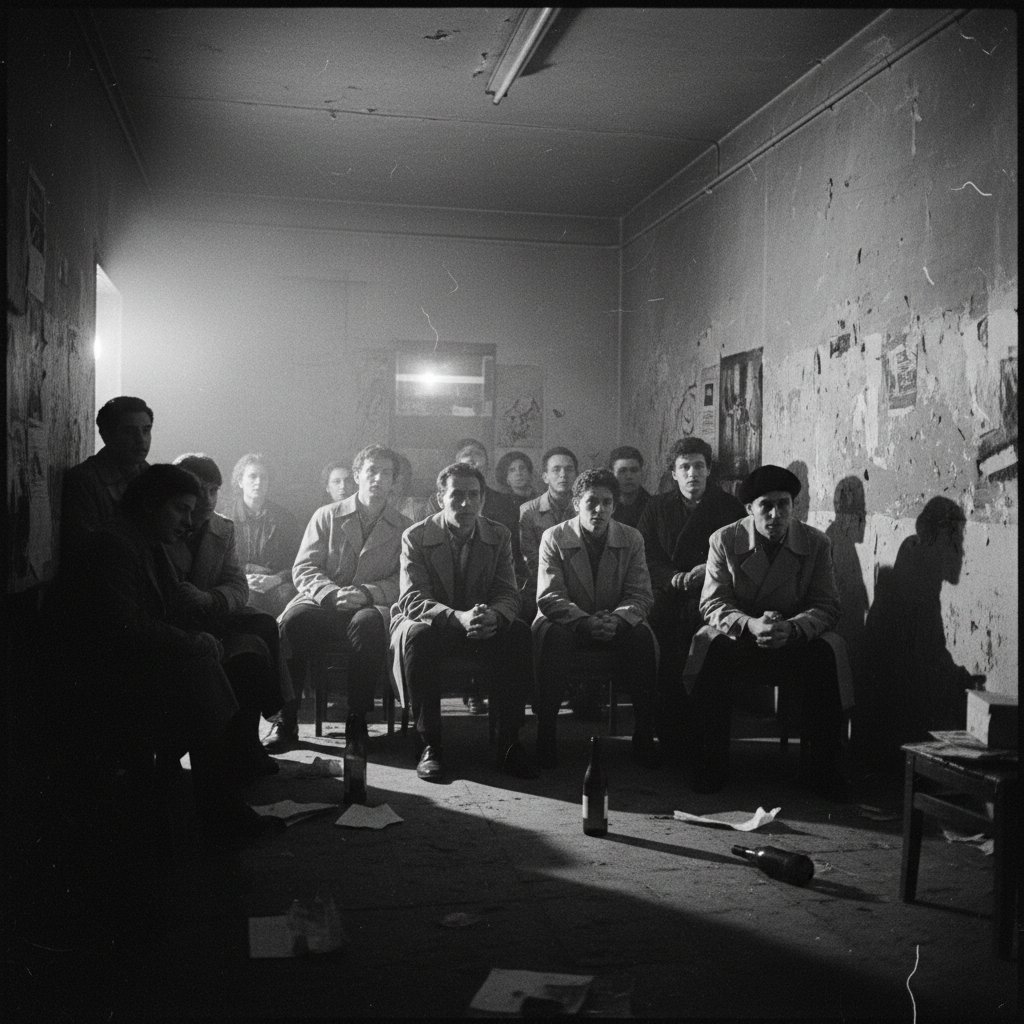 Black-and-white still from a 1960s underground film set in Paris, moody, raw