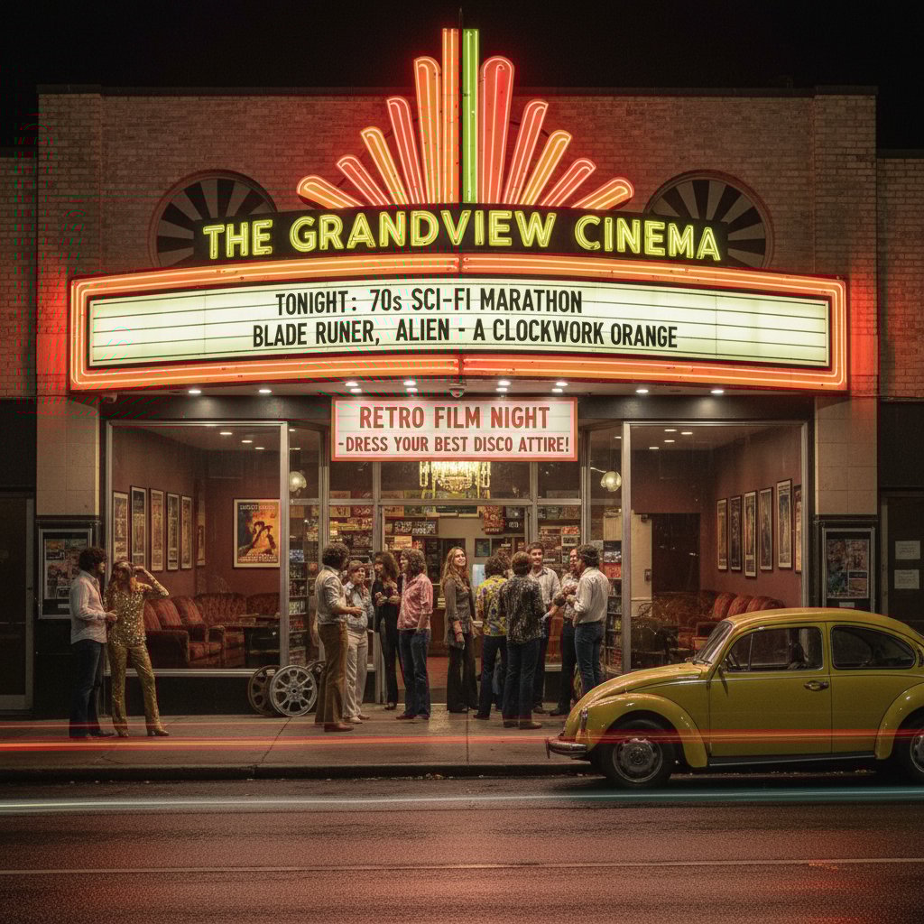 Juxtaposition of a classic 1970s cinema facade and a modern indie theater hosting a retro film night