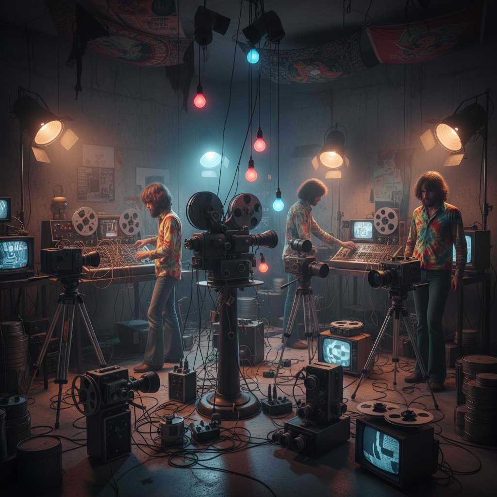 1970s experimental film set with analog equipment, grainy and evocative atmosphere