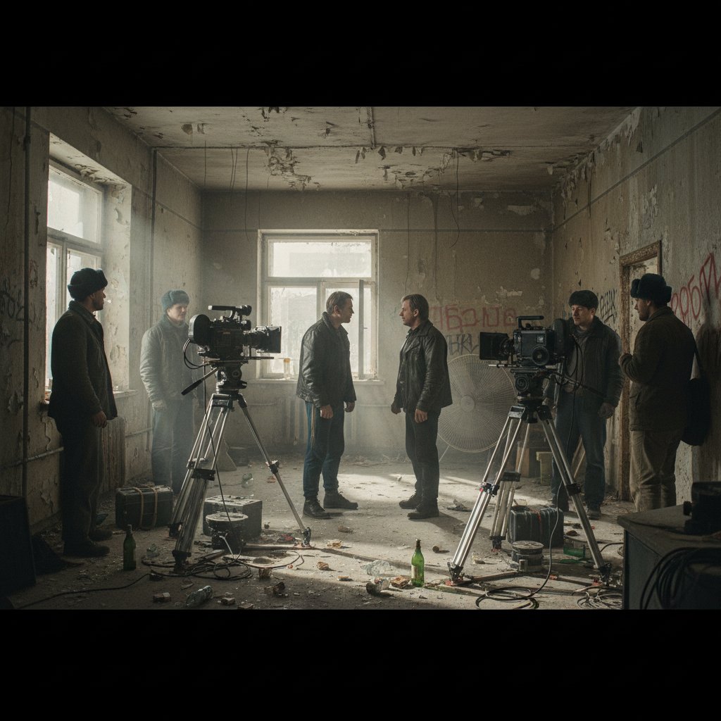 Gritty, handheld shot of 1990s Russian film set, capturing the raw chaos of post-Soviet cinema