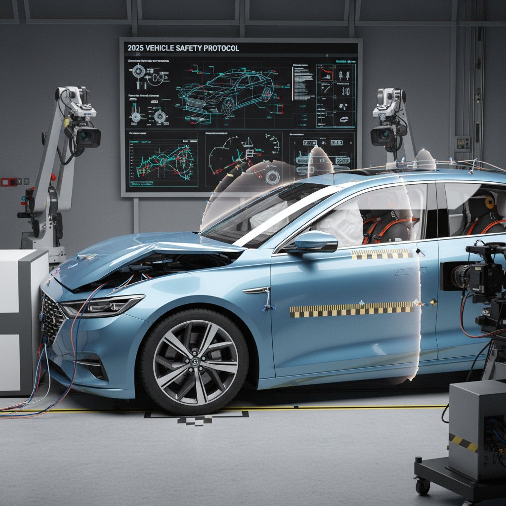 2025 cars in crash test facility showing safety features, modern vehicles under impact, airbags deployed