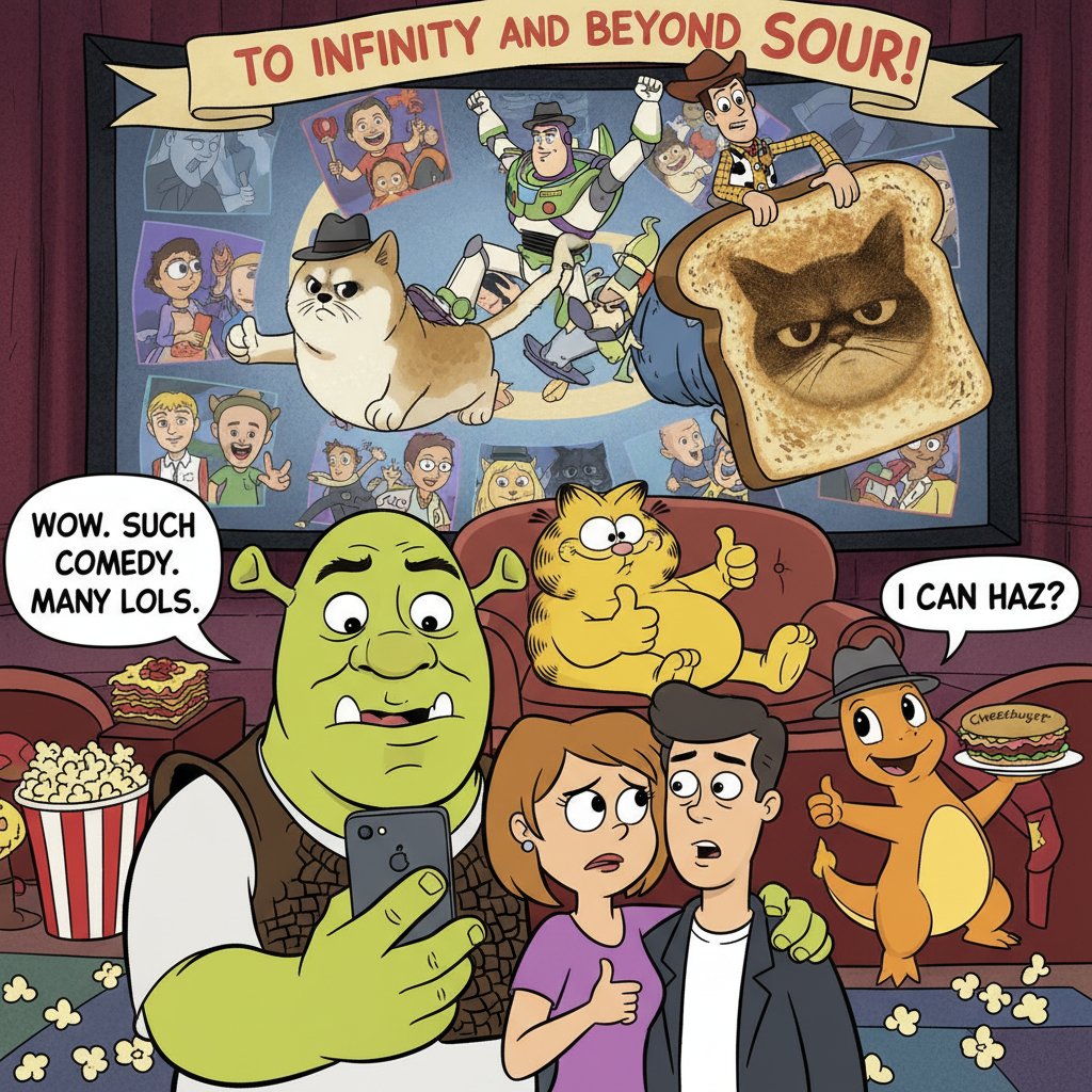 Mashup of iconic 2D comedy movie scenes as popular internet memes