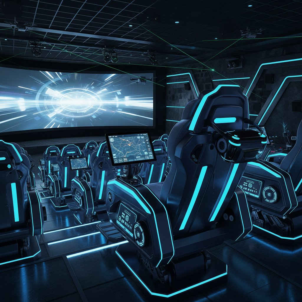 Technical photo of a 5D cinema seat in motion, embedded with tech gadgets and lighting effects, in a high-tech theater