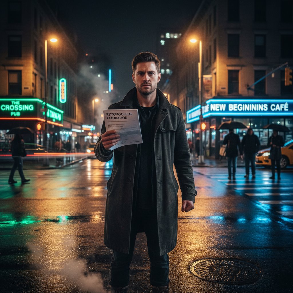 Osoba z opinią psychologiczną na skrzyżowaniu dróg, decyzje życiowe, nocne miasto