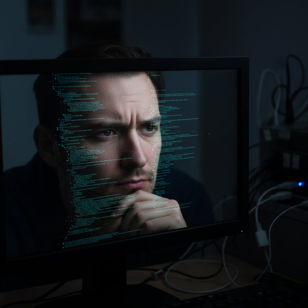 Sylwetka zamyślonej osoby w odbiciu ekranu z nakładką kodu, klimat dramatyczny, zarządzanie ryzykiem ChatGPT