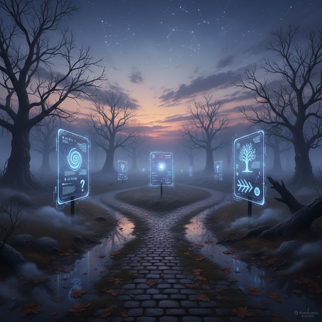 Mroczny rozdroże we mgle z cyfrowymi znakami, symbolizujące niepewność wokół AI