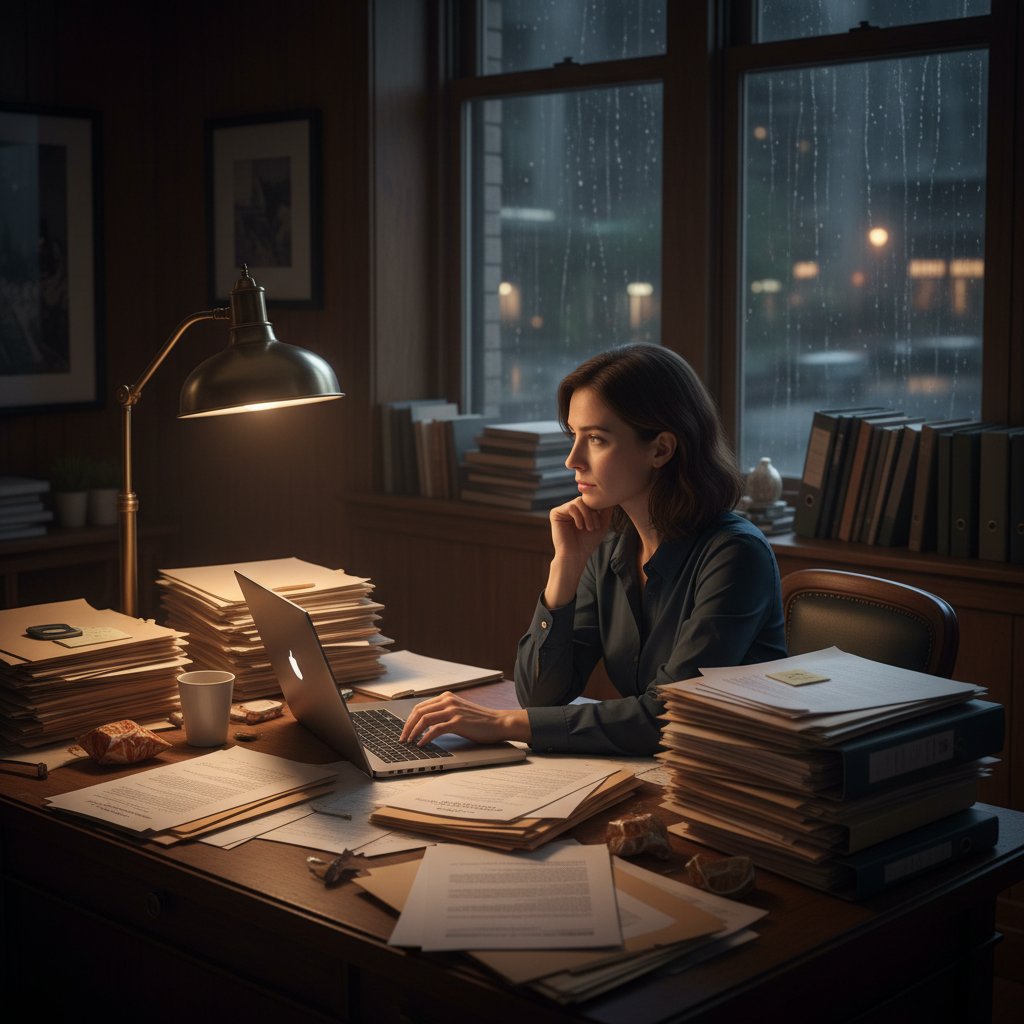 Psycholog sporządzający opinię przy biurku nocą, dokumentacja psychologiczna, praca nocna