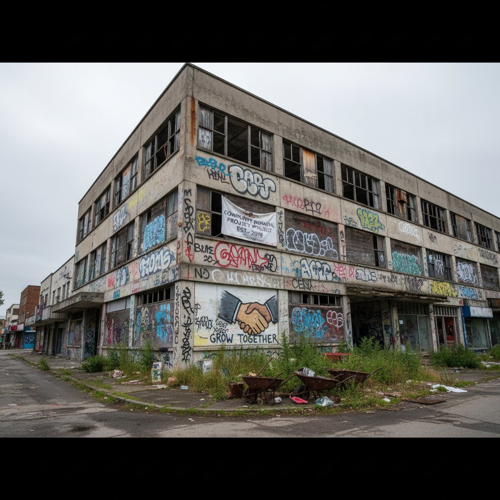 Abandoned building symbolizing failed community initiative
