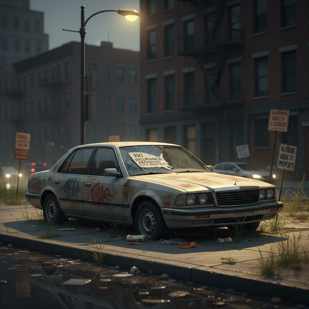 Abandoned car uninsured motorist coverage crisis on city street at night