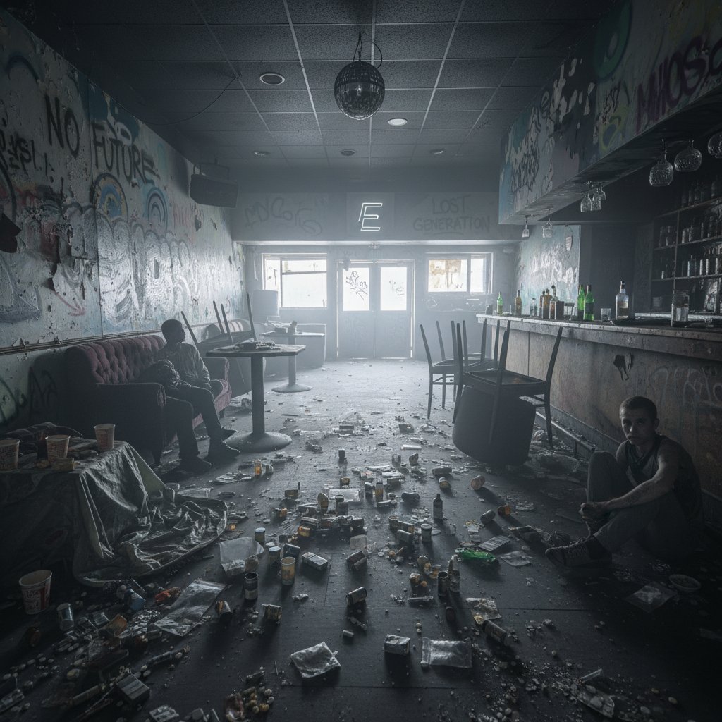 Opuszczona klubowa przestrzeń, symbolizująca zmiany w narkomanii po pandemii