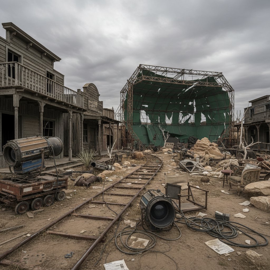 Abandoned movie set with equipment left behind, symbolizing disastrous movie investment failures